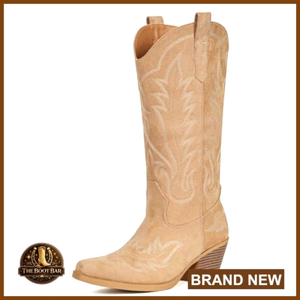 Suede Cowboy Boots Women Western Mid Calf Embroidered Snip Toe Chunky Heel - Picture 4 of 6